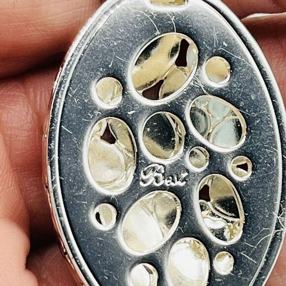 Silver Tone Textured Flower Pebble Oval Pendant Necklace Black Suede Cord 18" - Picture 5 of 8